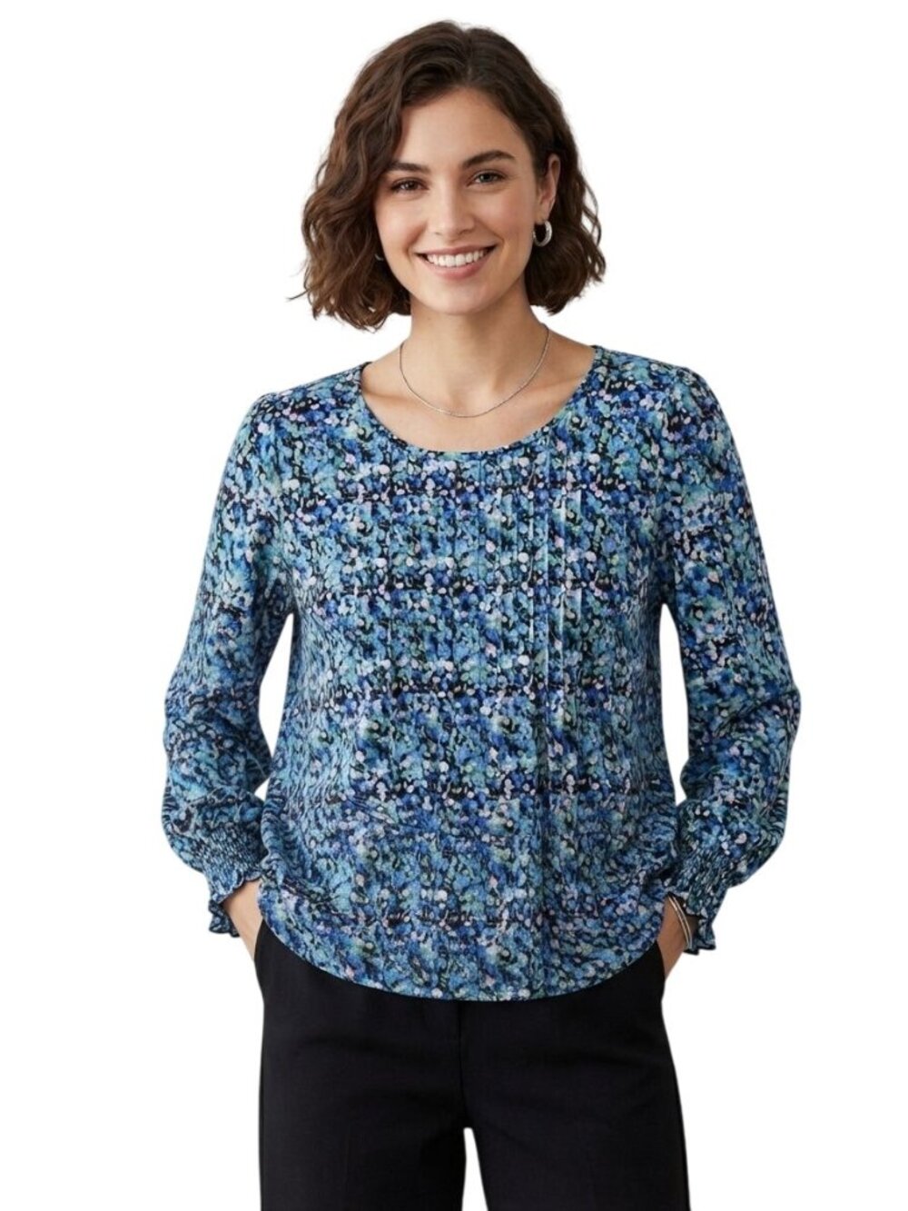 Lomon Blue Ditzy Floral Pintuck Balloon Sleeve Tunic Top Size M